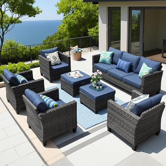 ovios Patio Furniture Set, 7 Pieces Outdoor Wicker Sofa Couch with 4 Chairs, Ottomans and Comfy Cushions, All Weather High Back Rattan Conversation Set, Denim Blue