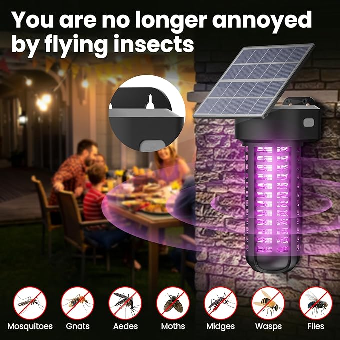 Solar Bug Zapper Outdoor, Garden Mosquito Zapper Waterproof & Cordless & Rechargeable & Auto On/Off and Manual Mode，Flying Insect Zapper Mosquito Killer Lamp Catcher for Patio Camping