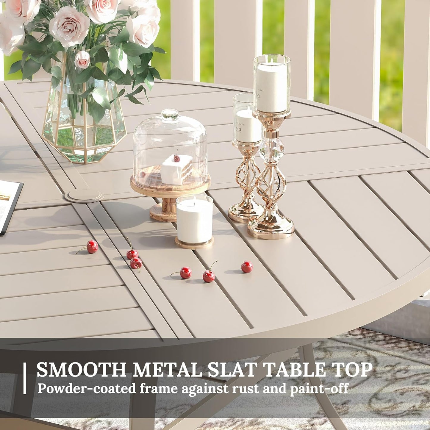 VICLLAX Round Patio Table with Adjustable Umbrella Hole for 8, All Weather Metal Outdoor Dining Table for Lawn Garden, 53.1" Outdoor Coffee Table, Cream Color Frame