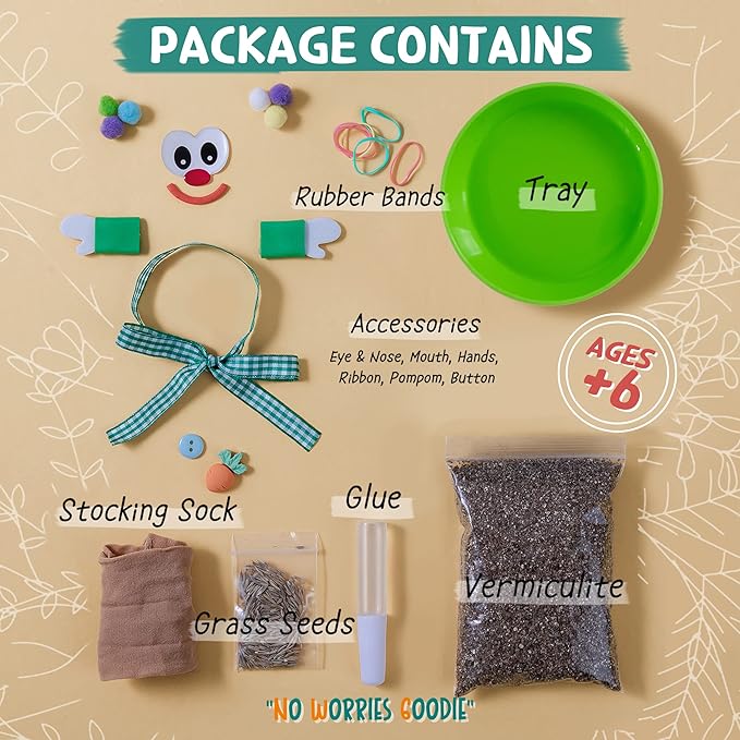 DIY Grass Doll Growing Kit(6packs) –Eco Friendly Bday Goodies, Playdate Activity, Party Favors, Craft and Art Gift for Kids, Family Fun, School Science Supplies Learning Resource, Stress Relief Toys