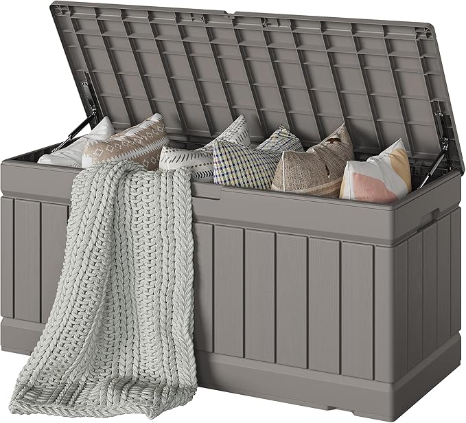 Devoko 78 Gallon Deck Box, Waterproof Resin Outdoor Storage Box for Outside and Patio, Outdoor Storage Bench Lockable for Patio Furniture, Garden Tools and Pool Supplies (Light Brown, 78 Gallon)