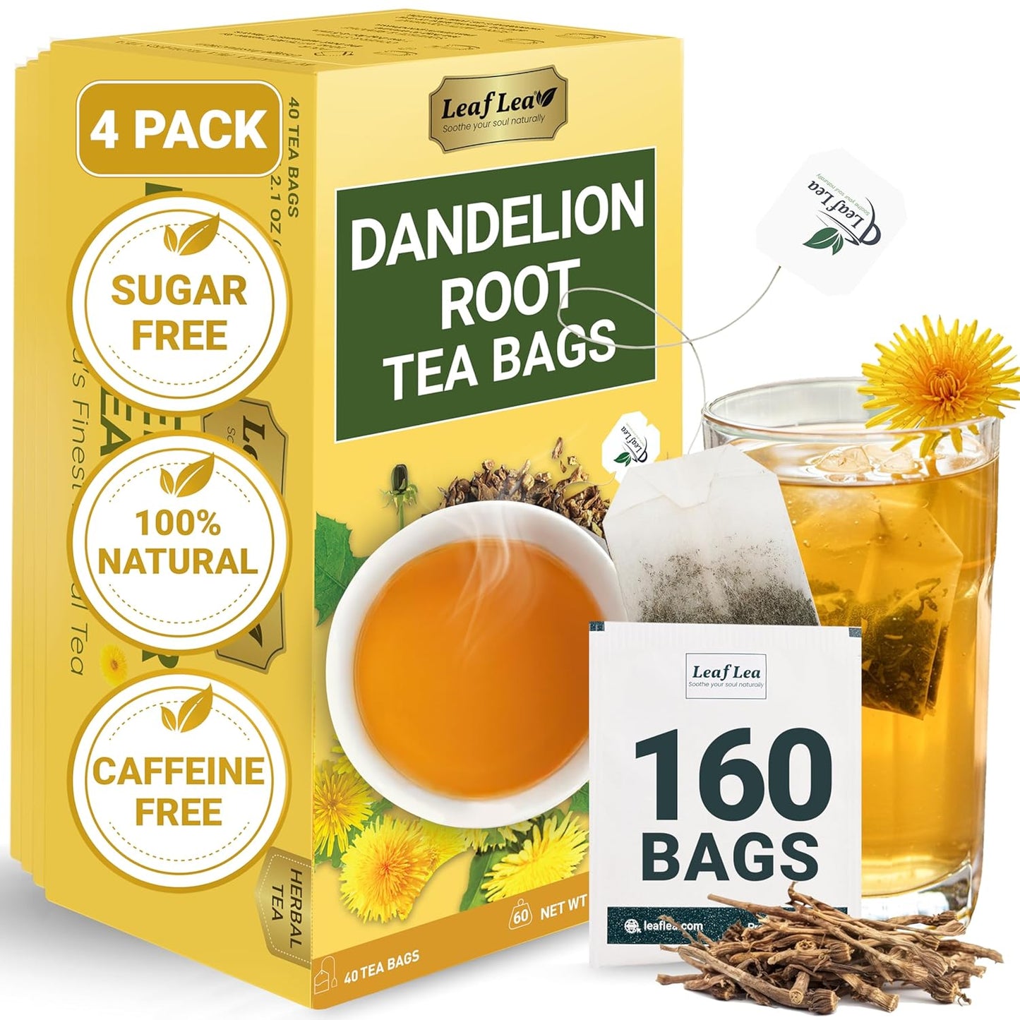 LeafLea Dandelion Root Tea Bags, 160 Dandelion Tea Bags Promotes Healthy Digestion & Immune Function, Herbal Tea from Pure Roasted Dandelion Root, Caffeine-Free, Vegan, Gluten-Free, No Sugar, 4 Pack