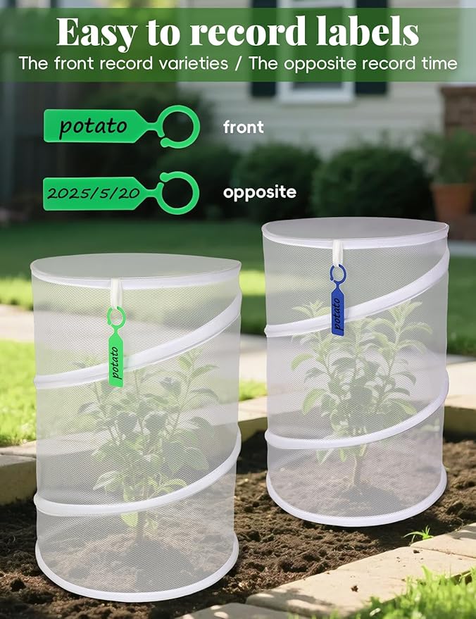 4 Pack Pop Up Plant Covers from Animals, 20" H X 13" D Insect Garden Covers, Round Foldable Mesh Plant Cover, Plant Protectors for Outdoor Plants, with Stakes and Labels (White)