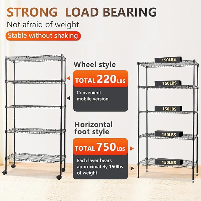FDW Adjustable 5-Tier Metal Shelf with Wheels, 250 lbs Capacity, Easy Assembly, Ideal for Small Spaces