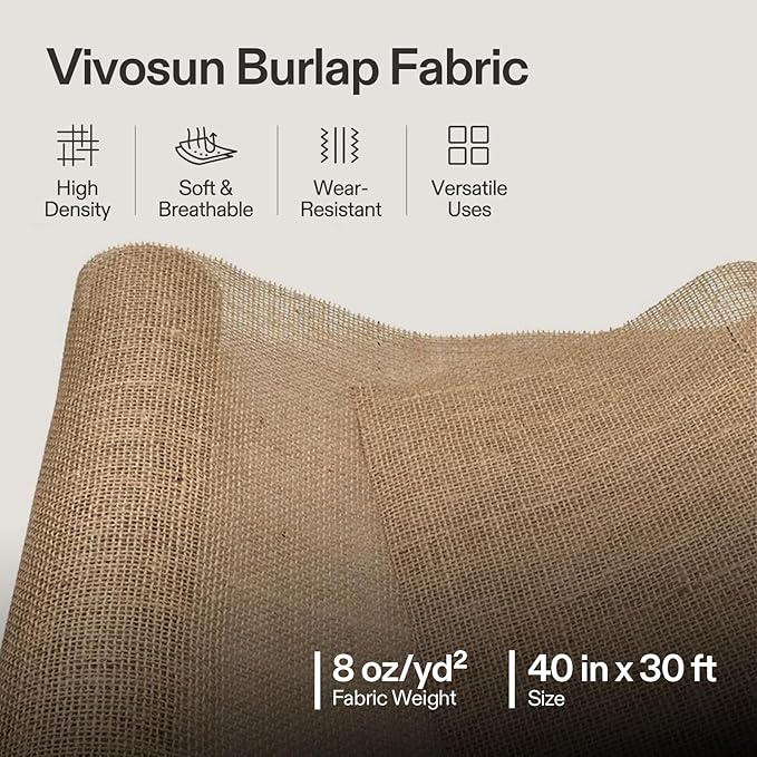 VIVOSUN 40 in x 30 ft Burlap Fabric, High Density Natural Jute Fiber, Multipurpose Burlap for Gardening, Outdoor Plant Care, Weed Barrier, DIY Crafts, and Decoration