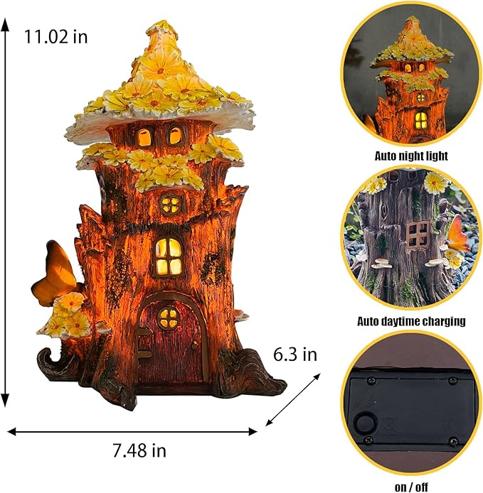 COWOS Solar Fairy House, Fairy Garden Decor House, Solar Powered Lights Garden Figurine for Outdoor Patio Lawn Yard Garden Decorations