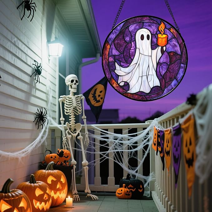 Stained Glass Window Hanging - Halloween Decorations Ghost Suncatcher for Doors Garden Indoor Spooky Funny Purple Sun Catchers Gothic Decor Horror Gifts for Women Men Friend 7.8 in