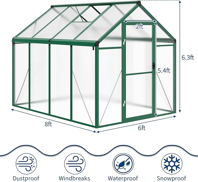 6 x 8 FT Greenhouse, Greenhouses for Outside, Polycarbonate Greenhouse with Aluminum Frame, Lockable Door and Ajustable Roof Vent for Backyard, Green Houses for Outside Garden Backyard, Patio