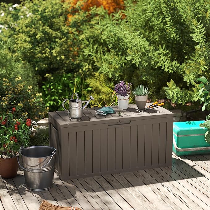 75 Gallon Waterproof Large Resin Deck Box Indoor/Outdoor Lockable Storage Container and Seating for Garden, Pool, and Patio (75 Gallon, Grey)
