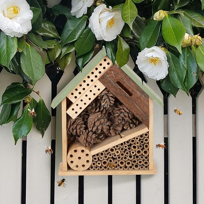 Wooden Multi Habitat Insect House Outdoor Garden Decorative Wooden Insect Hotels for Bee, Butterfly and Beetle Tree of Life Light Green Bee House