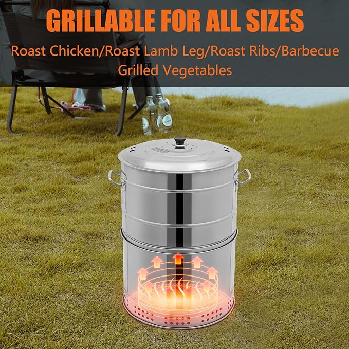 Large Portable Charcoal Grills, Stainless Charcoal BBQ Grill Barrel 360° Smokeless Outdoor with 50 Skewers, Boiling Pot Barbecue Smoker Grill for Travel, Outdoor Cooking and BBQ