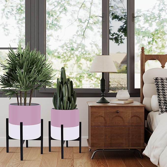 Planter with Stand Set of 2, Modern Plant Pots with Metal Legs Indoor,Flower Pots with Drainage Holes Matching Decorative Garden Pot for Living Room, Office, Garden, or Balcony 10 & 12 Inches