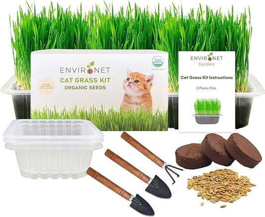 Cat Grass Kit for Indoor Cat, Organic Grass Growing Kit with Seeds, Soil and Planting Tools, Quick Germination, Perfect for Beginners, 3-Pack Plastic Pots