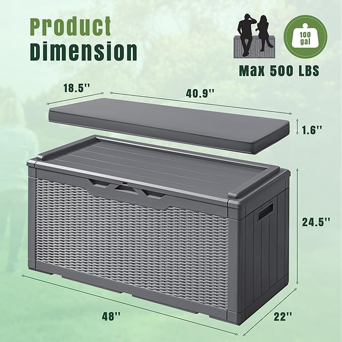 Greesum 100 Gallon Resin Deck Box Large Outdoor Storage with Cushions for Patio Furniture, Garden Tools, Pool Supplies, Weatherproof and UV Resistant, Lockable, Gray