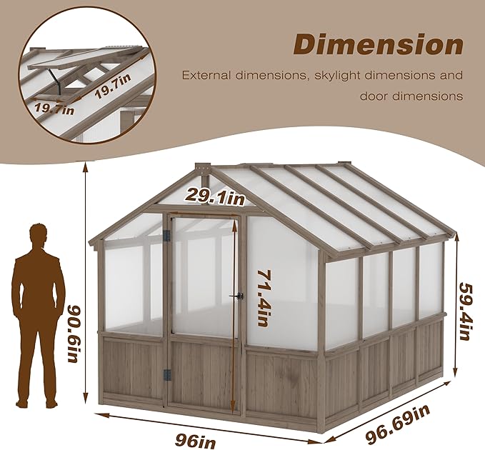 8x8 FT Greenhouse Kit for Outdoor, 6MM Thick Polycarbonate Panel Wooden Walk-in Green House with Lockable Door and Adjustable Roof Vent, Backyard Garden, Light Mocha Brown