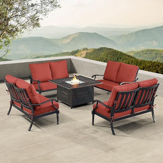 Oakland Living Black Aluminum Patio Fire Table Set with Four Deep Seating Loveseat with Cushions with Red Cushions