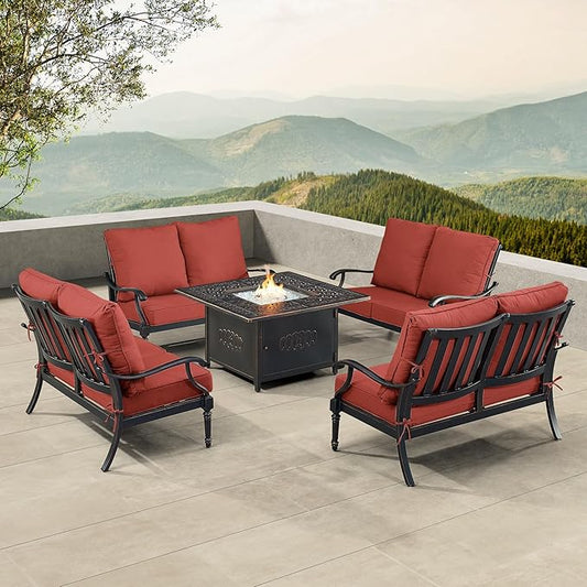 Oakland Living Black Aluminum Patio Fire Table Set with Four Deep Seating Loveseat with Cushions with Red Cushions
