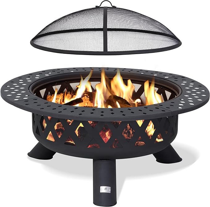 SUNCREAT 42" Large Outside Fire Pit, Round Fire Pit Wood Burning with Widened Tabletop, Spark Screen, Fire Poker, Phombus Pattern