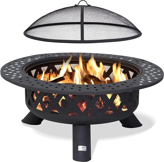 SUNCREAT 42" Large Outside Fire Pit, Round Fire Pit Wood Burning with Widened Tabletop, Spark Screen, Fire Poker, Phombus Pattern