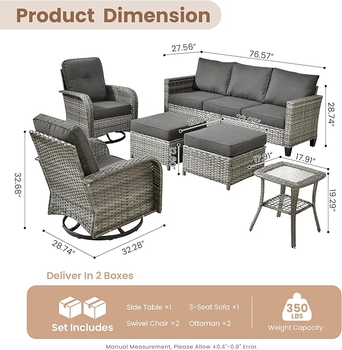 HOOOWOOO Outdoor Patio Furniture Set,6 Pieces Wicker Conversation Set,All Weather Couch Set with Swivel Chairs Ottoman Side Table 7 Seaters for Out Door Yard(Black)