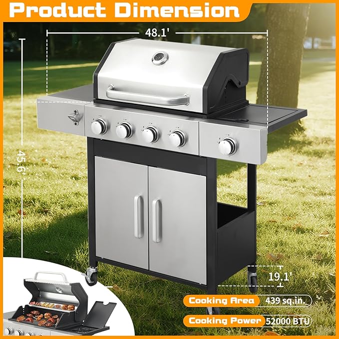 CIG GARDEN 4 Burner Propane Gas Grill with Side Burner,3 in 1 Propane Gas BBQ Grill,Double-layer Stainless Steel BBQ Grill Lid with Cast Iron Grates,52000 BTU Output for Camping, Patio, Backyard