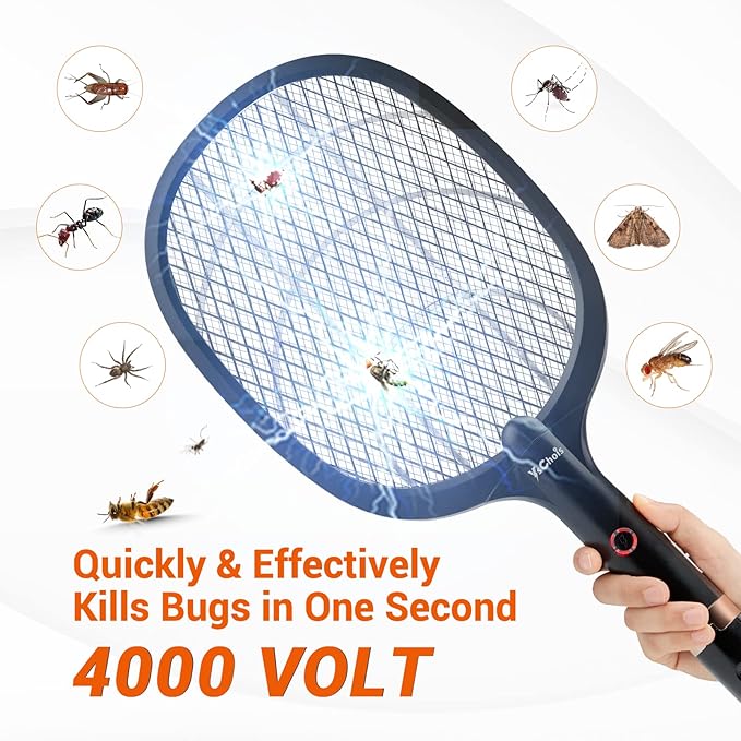 Electric Fly Swatter Racket, Rechargeable Fly Zapper - 4000 Volt, Exclusive 2-in-1 Bug Zapper Racket - USB Charging, 1800mAh Li-Battery, Indoor & Outdoor Use, Black, 2 Packs