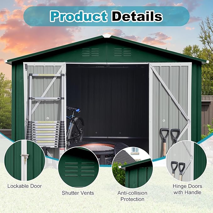 8x10 FT Outdoor Storage Shed, Metal Tool Shed with Lockable Doors, Peaked Roof & Frame Floor, Garden Shed with Vented Design for Backyard Garden Patio Lawn, Green+White
