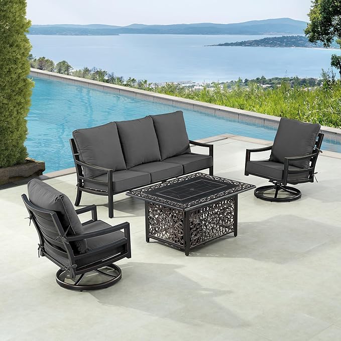 Oakland Living Black Aluminum Patio Fire Table Set with Deep Seating Sofa with Cushions and Two Club Chairs with Black Cushions