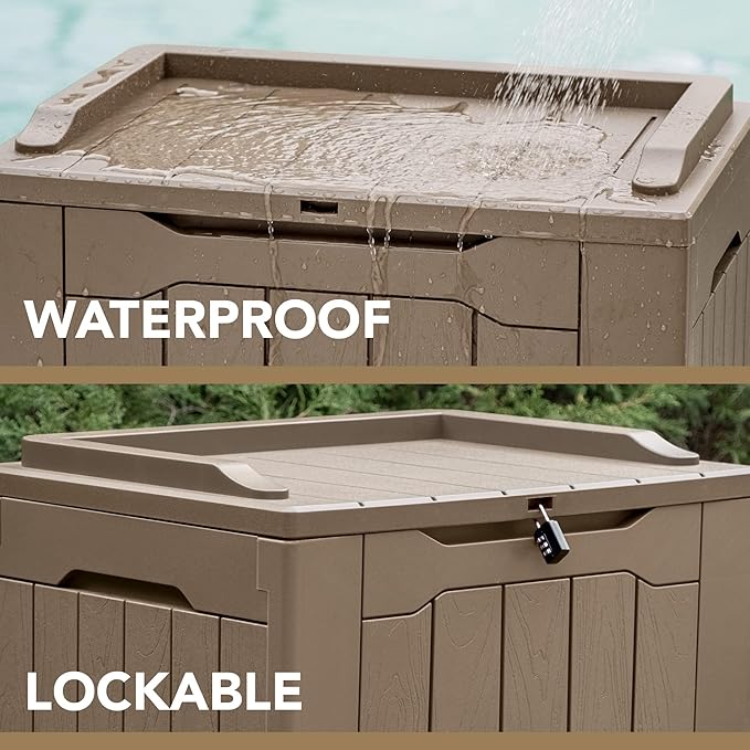 Devoko 30 Gallon Resin Deck Box Outdoor Indoor Waterproof Storage Box for Patio Furniture Pool Accessories Storage for Cushion Garden Tools (30 Gallon, Light Brown)