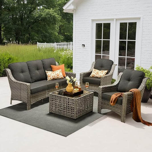 4 Pieces Patio Outdoor Furniture Set,All Weather Wicker Rattan Patio Seating Sofa and Chair Set w/ 3-Seater Sofa and Glowing Coffee Table,Outdoor Conversation Sets for Deck Yard Garden,Black