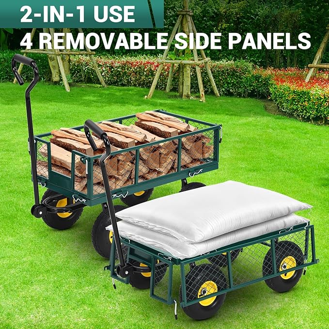 Heavy Duty Steel Garden Cart, 550LBS Pullable Metal Garden Wagon with 10" Wheels, 180° Rotating Handle and Removable Sides for Outdoor, Farm, Yard, Beach ﻿