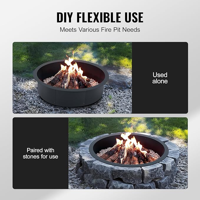 VEVOR Fire Pit Ring, 45-Inch Outer/39-Inch Inner Diameter, 10inch Height Fire Pit Insert, Heavy Duty Carbon Steel Liner DIY Campfire Ring Above or In-Ground, for Outdoor Camping, Bonfires