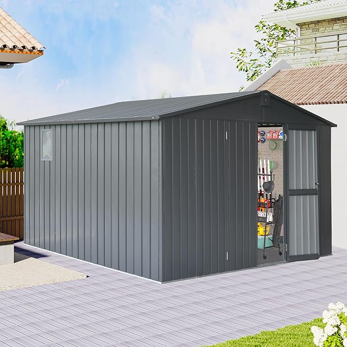 Domi Outdoor Storage Shed 11’ x 9’, Metal Sheds with Galvanized Steel Frame & Windows & Lockable Door, Garden Shed Tool Storage Room for Patio(Dark Gray)