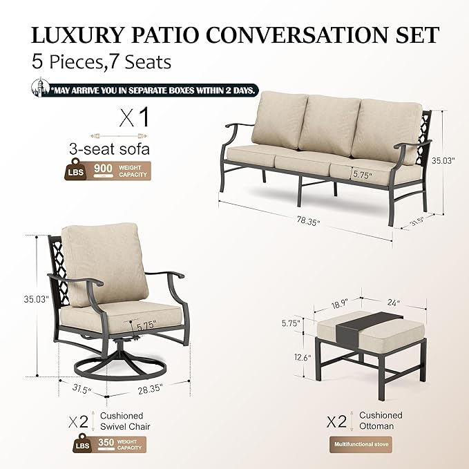 HERA'S HOUSE 5 Piece Patio Furniture Set, 2 x Swivel Chair, 2 x Ottoman, 1 x 3-Seat Sofa, All Cushioned 7 Seats Outdoor Conversation Set for Lawn Garden Backyard