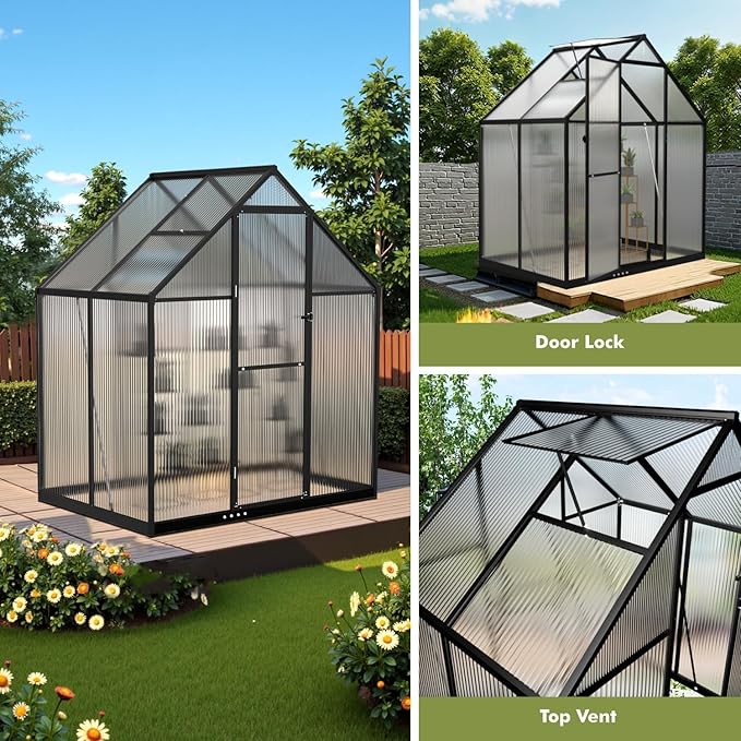 4x6FT Outdoor Greenhouse, Polycarbonate Green House, Small Walk-in Greenhouse with Vented Roof Window, Windproof Aluminum Frame with Quick-Installation Structure, Suitable for Gardening