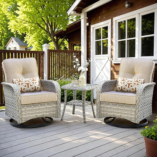 HOOOWOOO Outdoor Patio Bistro Set,3 Pieces Wicker Out Door Swivel Rocking Chair with Matching Side Table,Patio Furniture Sets,Beige