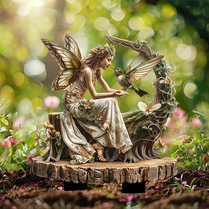 Fairy Garden Stake Decor, 2D Flat Acrylic Fairy Garden Decor Panel, Elf Yard Sign for Outdoor Indoor Yard Lawn Plants Pots, Fairy Garden Accessories (Flower Fairy with Hummingbird)