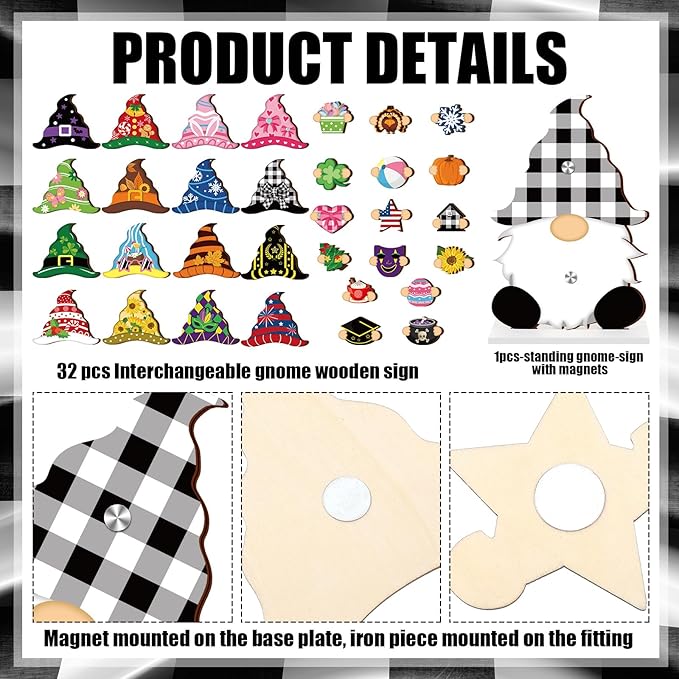 Blulu Interchangeable Wooden Gnome Decor DIY Holiday Seasonal Fall Gnomes Halloween Tiered Tray Decoration with Magnet Pieces Halloween Welcome Sign for Holiday Decorations(Stylish)
