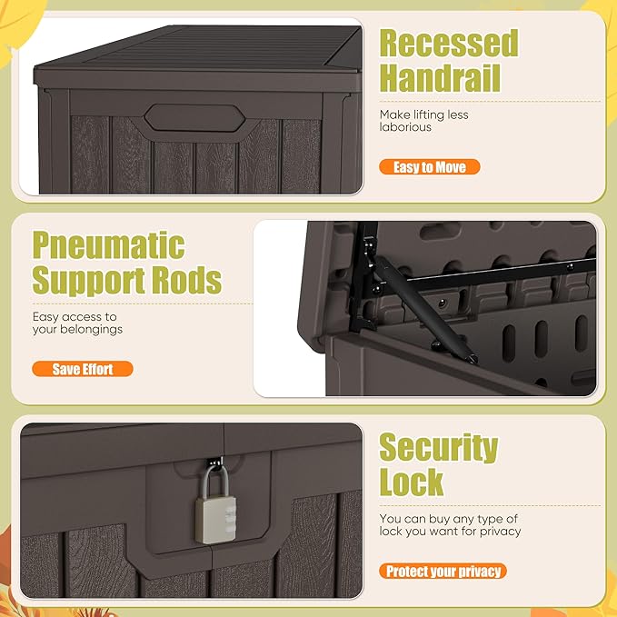 Devoko 240 Gallon Double-Wall Deck Box with Divider, Side Handles, Resin Outdoor Large Storage Box Waterproof and Lockable for Patio Furniture, Garden, Pool (Brown)