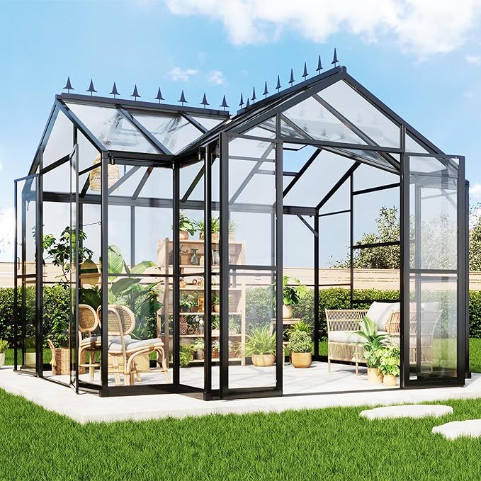 AMERLIFE 12x10x8 FT Hybrid Polycarbonate Walk-in Greenhouse for Outdoors, Aluminum Frame with Quick-Connect Assembly, Double Doors, Ventilation for Backyard Garden, Black