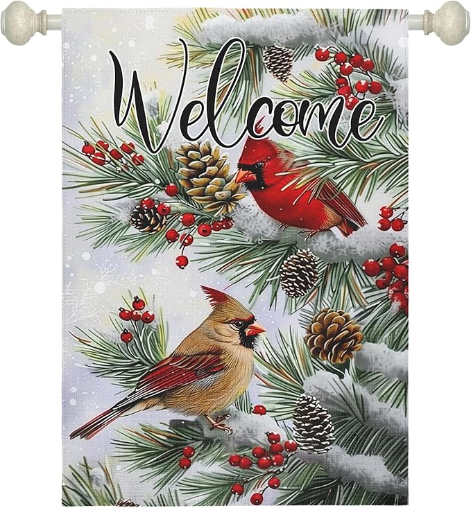 Welcome Winter Garden Flag Christma Cardinal Birds House Banner Red Bird Berry Trees Pine Snow Vertical Yard Flags Pinecone Wall Banners for Xmas Rustic Farmhouse 28 x 40 Inch