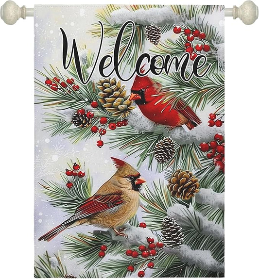 Welcome Winter Garden Flag Christma Cardinal Birds House Banner Red Bird Berry Trees Pine Snow Vertical Yard Flags Pinecone Wall Banners for Xmas Rustic Farmhouse 28 x 40 Inch