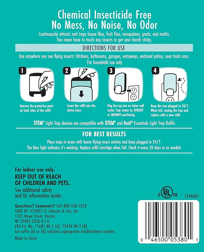 STEM Light Trap: Indoor Fruit Fly Trap, Effective Insect Control for Home, Attracts and Traps Flying Insects, Emits Soft Blue Light, Starter Kit with 2 Plug-in Devices and 4 Catridges