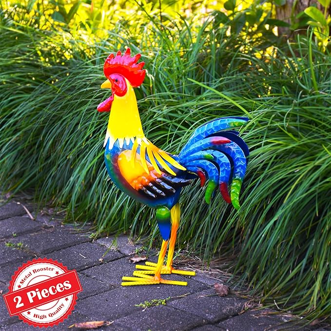 MACLARONX 2 PCS Metal Rooster Yard Art Outdoor Garden Decor Roosters Chicken Statue Decorations for Kitchen Home Lawn Patio, Multicolor