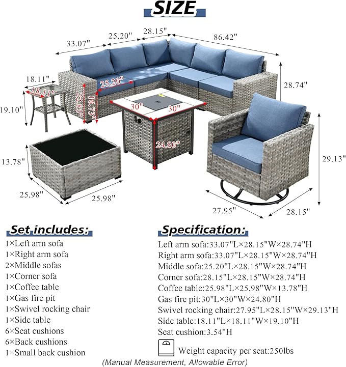 HOOOWOOO 9 Piece Modular Patio Outdoor Sectional Furniture Set with Gas Propane Fire Pit Table,Wicker Conversation Sofa Set with Swivel Chairs,Outside Couch Set(Denim Blue)