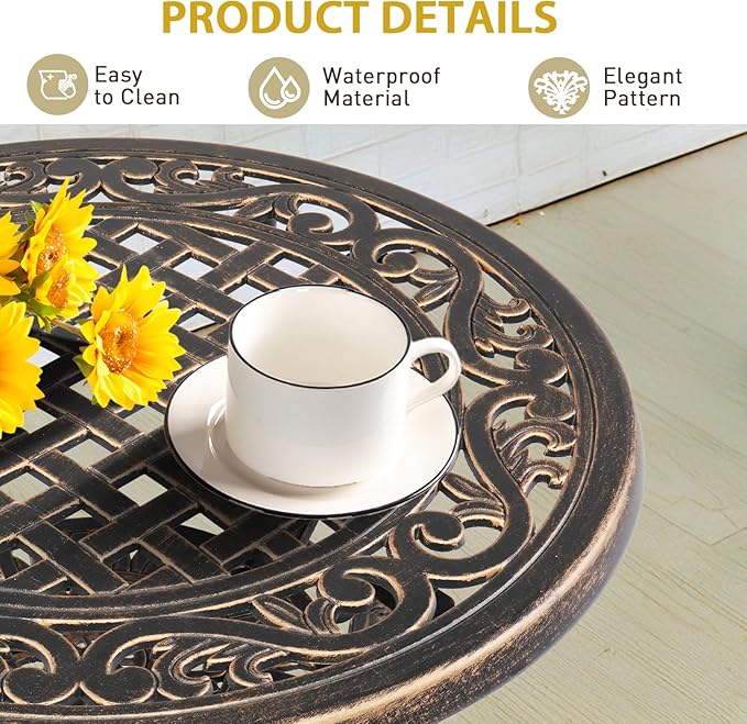 Outvita Patio Side Table, 23.6in Outdoor Round Cast Aluminum Bistro Table and Antique Design for Backyard Porch Pool Balcony Deck Bronze