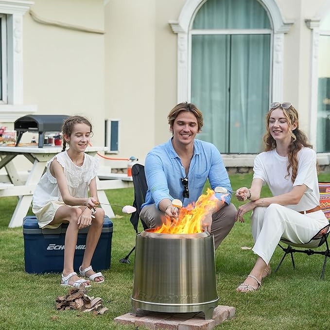 EchoSmile 18" Smokeless Fire Pit with Triple-Burn & Adjustable Damper, Outside Stainless Steel Wood Burning Stove for Outdoor Patio, Backyard, Camping