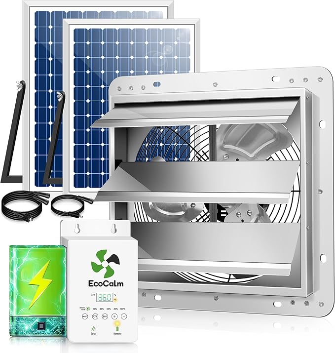 12" Solar Exhaust Fan for Greenhouse with Battery and Adjustable Thermostat, Attic Fans for Garage and Shed with 2PCS 30W Bifacial Solar Panels