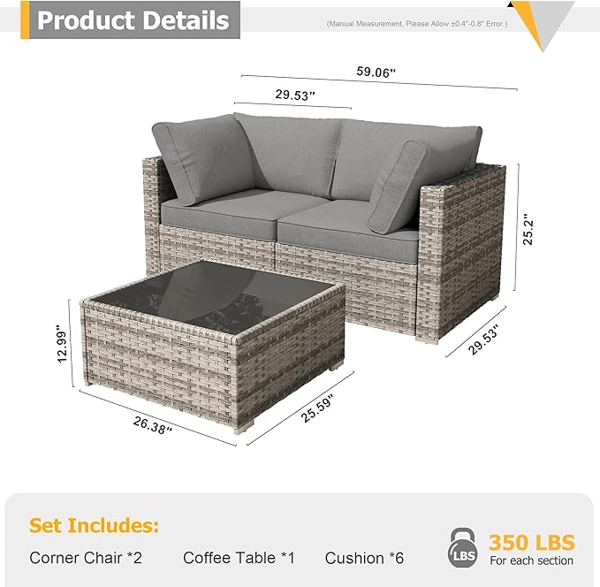 HOOOWOOO Patio Sectional Furniture Set,3 Piece Couch Set with 2 Matching Corner Chairs and 1 Table(Charcoal Gray)