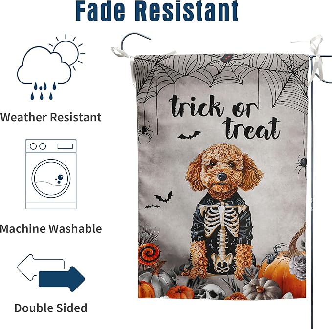 Halloween Golden Doodle Garden Flag Trick or Treat Yard Flag Ghost Dog Garden Flags for Outside 12x18 Double Sided Small Dachshund Skeleton Halloween Decor Outdoor Lawn Welcome Flag